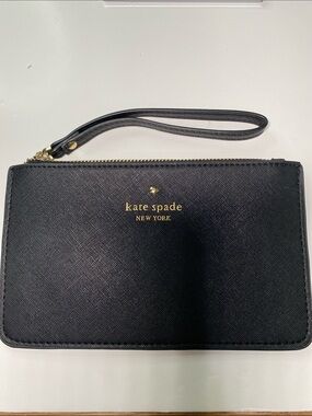 Kate Spade Saffiano Leather Wristlet Makeup Pouch Black Gold Clutch